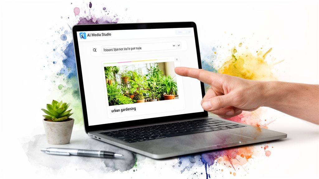 Laptop displaying AI Media Studio with urban gardening image, hand pointing, succulent and pen.