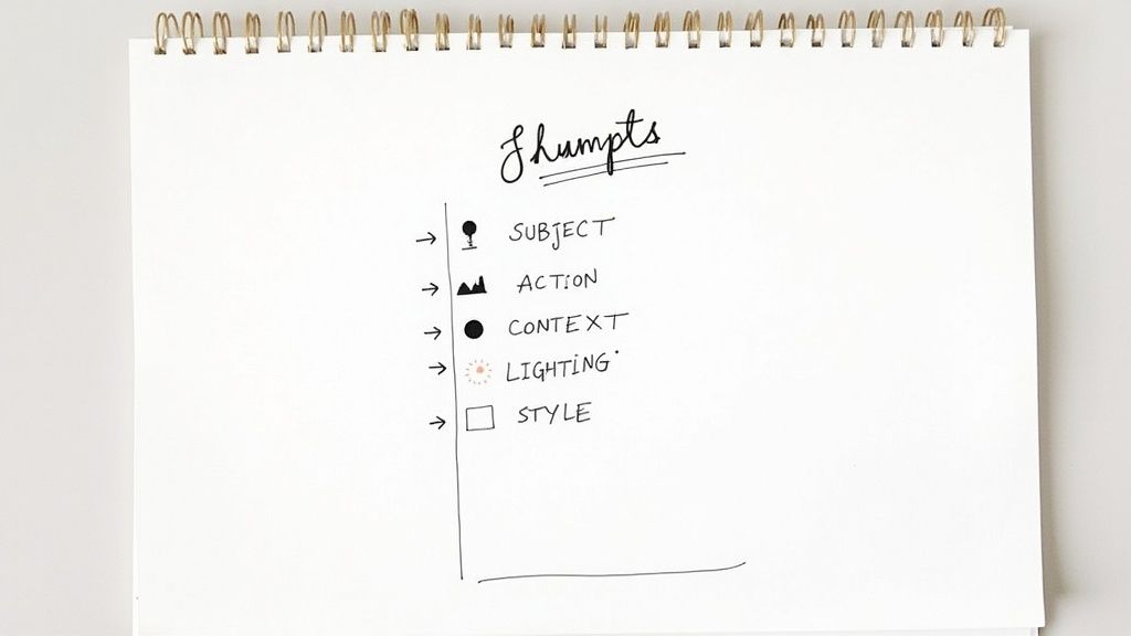 A handwritten guide titled 'Shumpts' in a notebook, listing Subject, Action, Context, Lighting, Style.