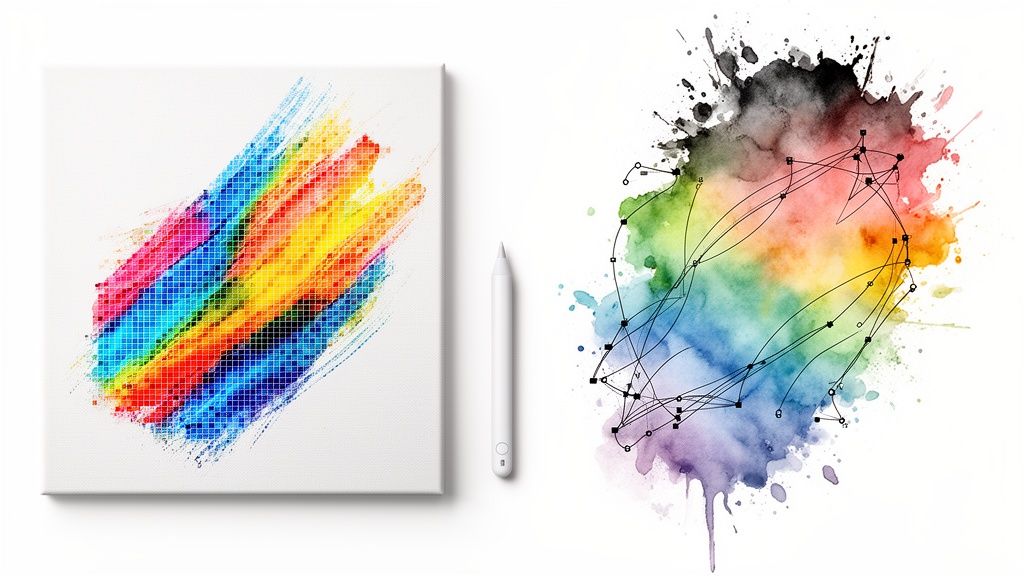 A white digital pen separates vibrant pixel art and a watercolor splash with vector lines.