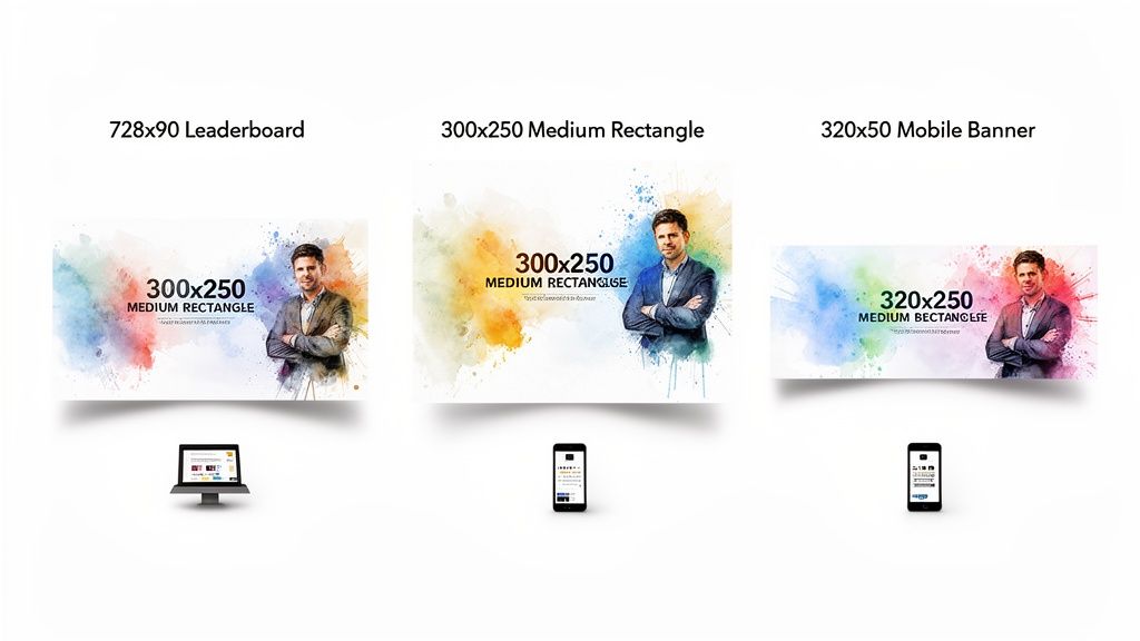 Three banner ad designs featuring a man on colorful watercolor backgrounds, displayed on desktop and mobile.