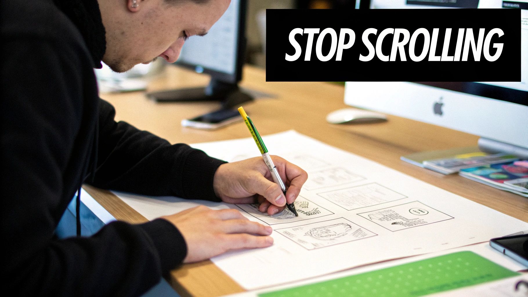 A strategic meeting with sticky notes on a board, planning a thumbnail design.