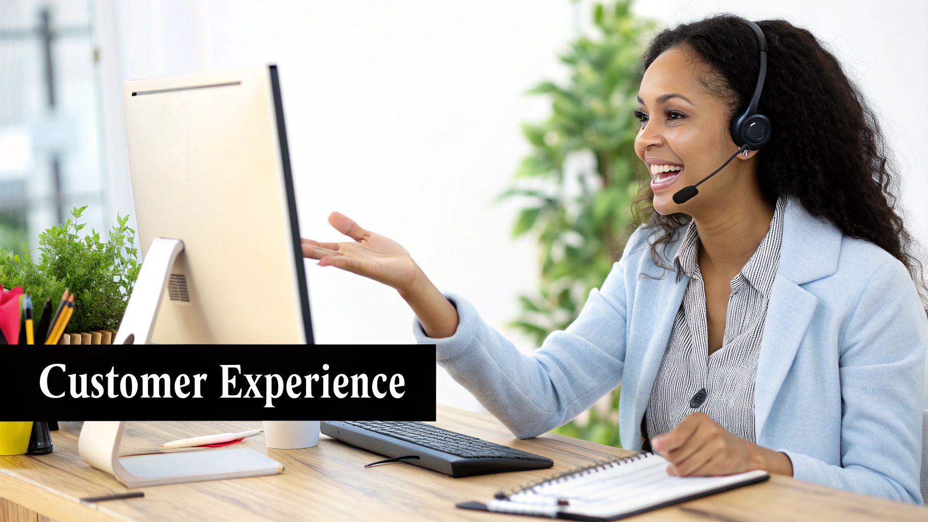 A customer service representative smiling warmly while helping a customer on the phone, representing an exceptional customer experience.