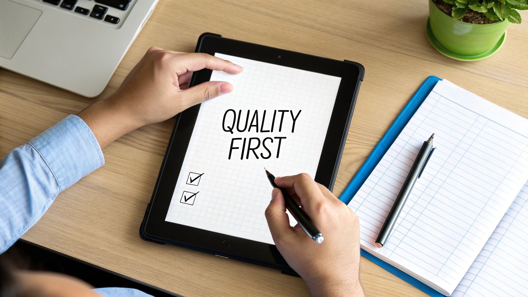 Hands using a tablet displaying 'QUALITY FIRST' with checked boxes, a pen, laptop, and plant on a desk.