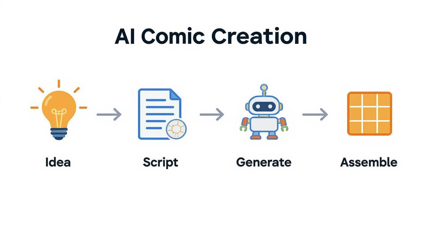 AI comic creation workflow showing four steps from idea to script generation and final assembly