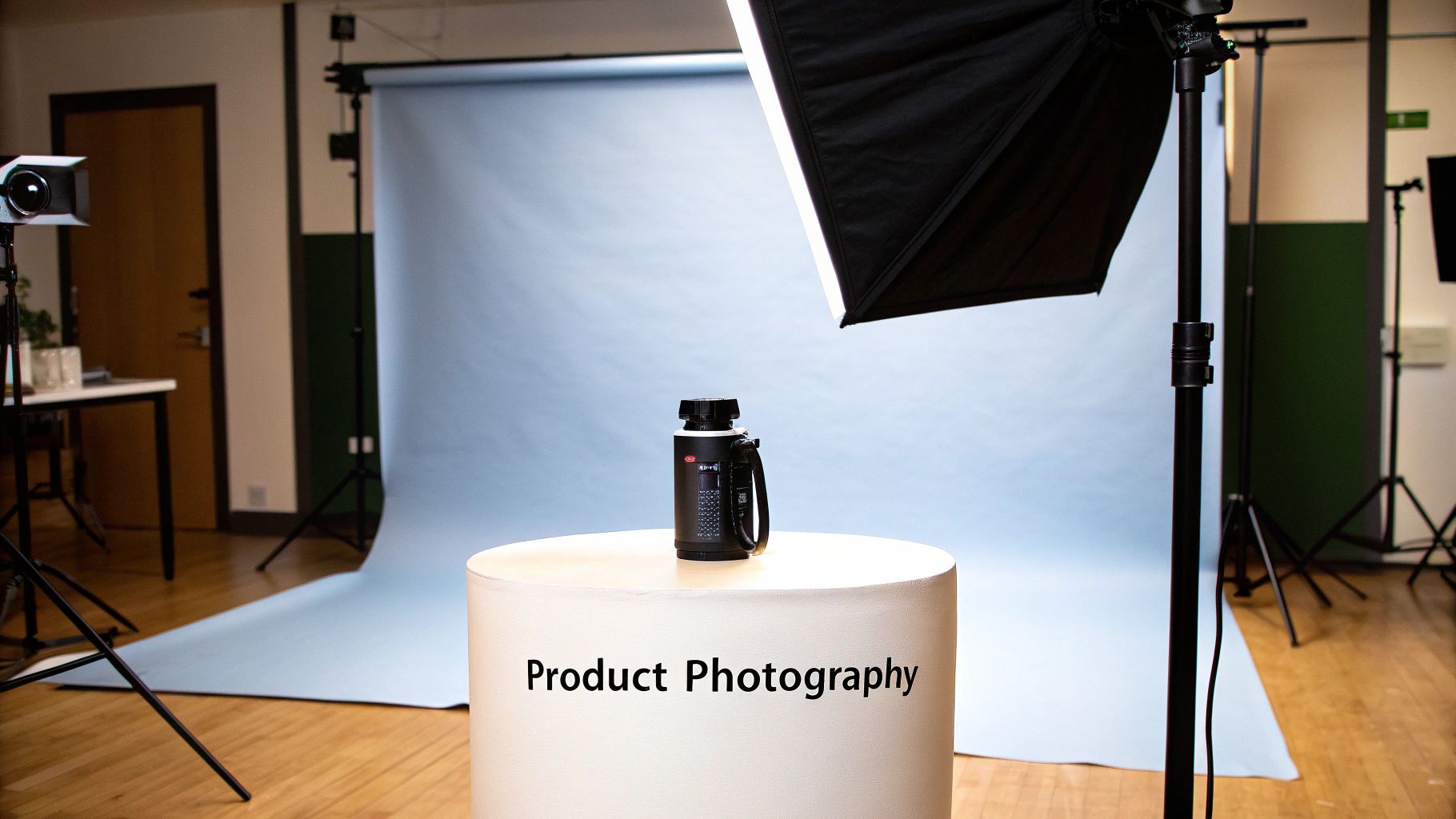 Professional product photography studio setup with lighting equipment and camera for commercial shoots