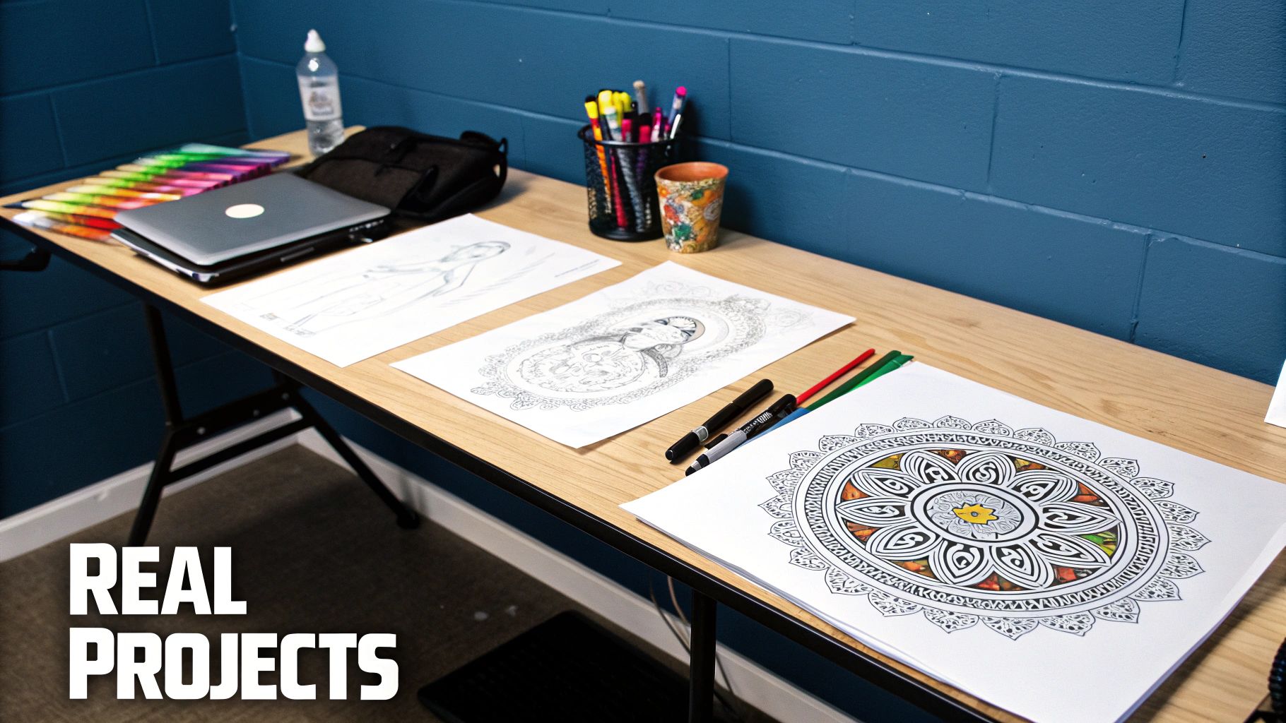 Three distinct examples of AI-generated line art a logo, a character, and a mandala pattern