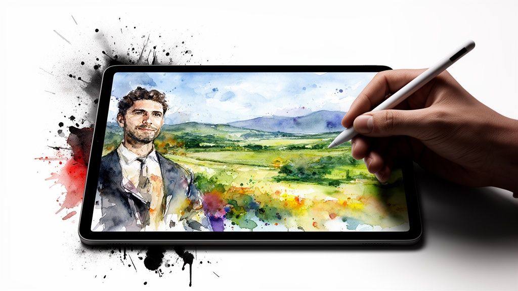 A hand uses a digital stylus on a tablet, drawing a vibrant watercolor portrait and landscape.