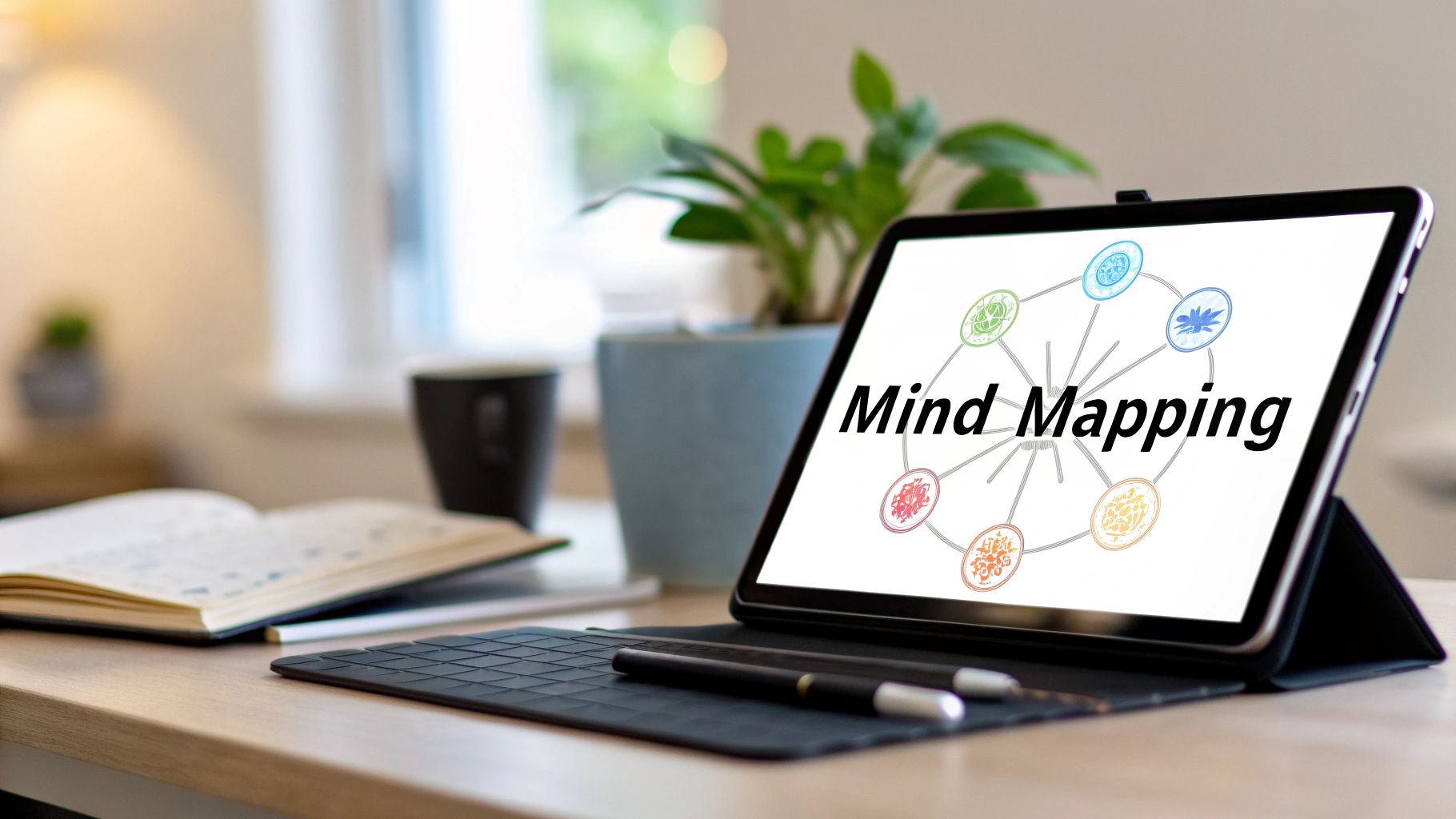 Una tableta sobre un escritorio muestra 'Mind Mapping' con un diagrama circular, junto a bolígrafos y un libro.