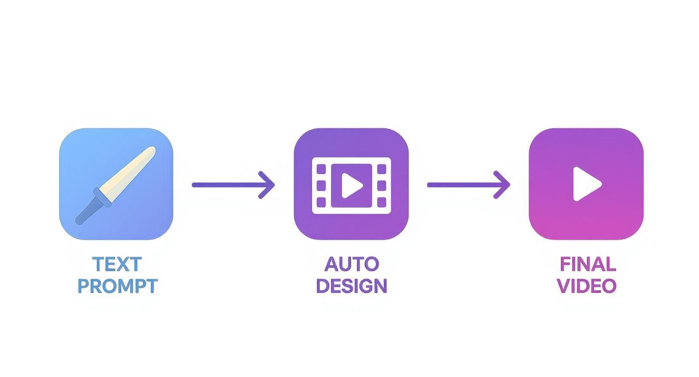 Workflow illustrating video creation from a text prompt to auto-design, resulting in a final video.