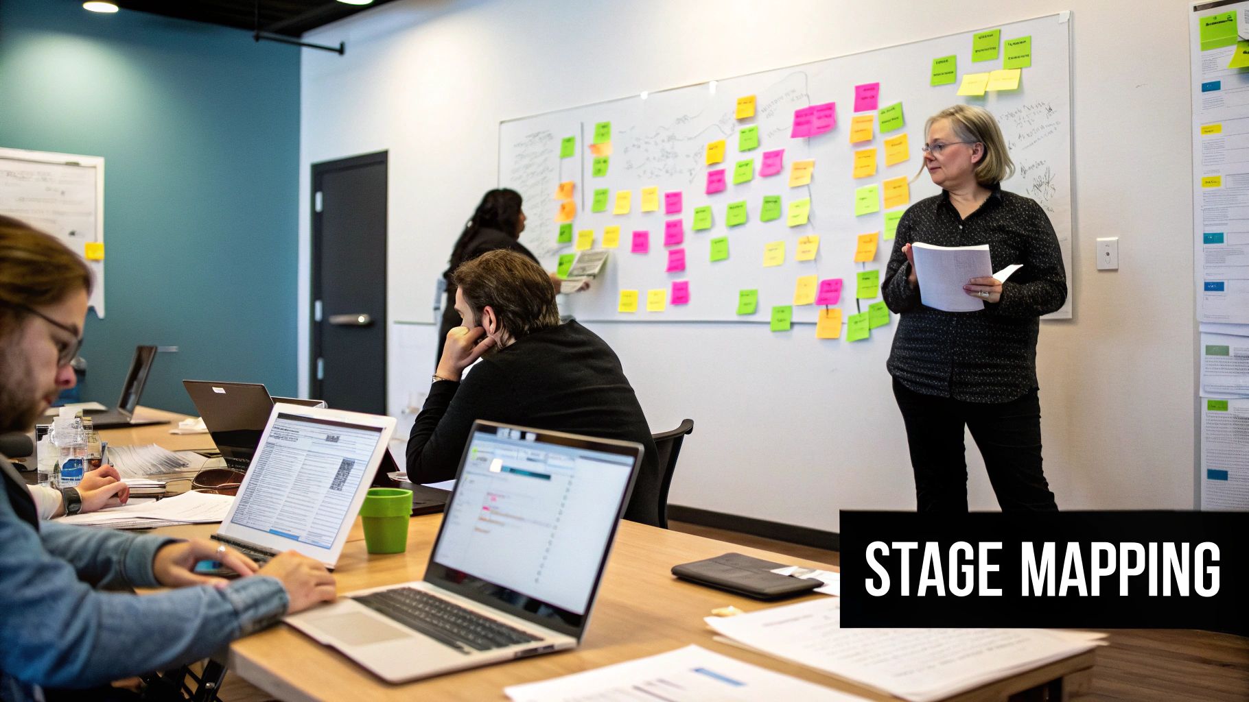 A person looking stressed, surrounded by disorganized papers and digital notifications, representing content chaos.