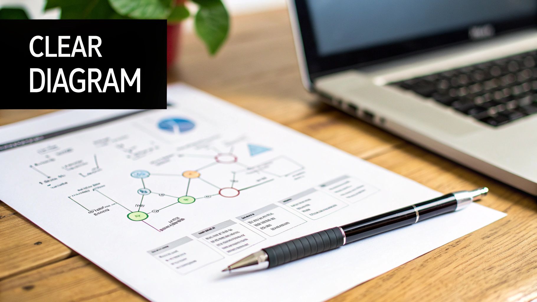 Un documento con un diagrama claro y colorido y un bolígrafo sobre un escritorio de madera con un portátil.