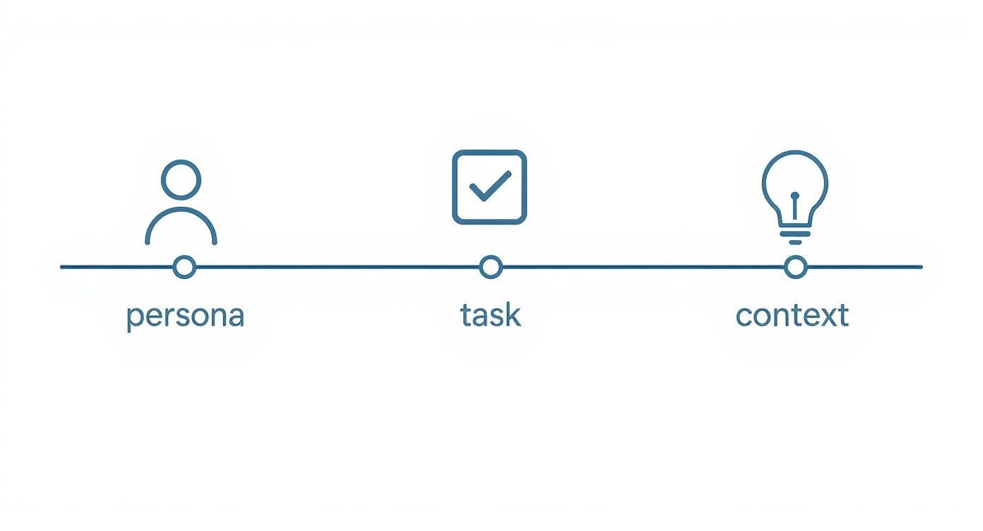 Un diagramma che illustra persona, compito e contesto, rappresentati da icone utente, spunta e lampadina su una timeline.