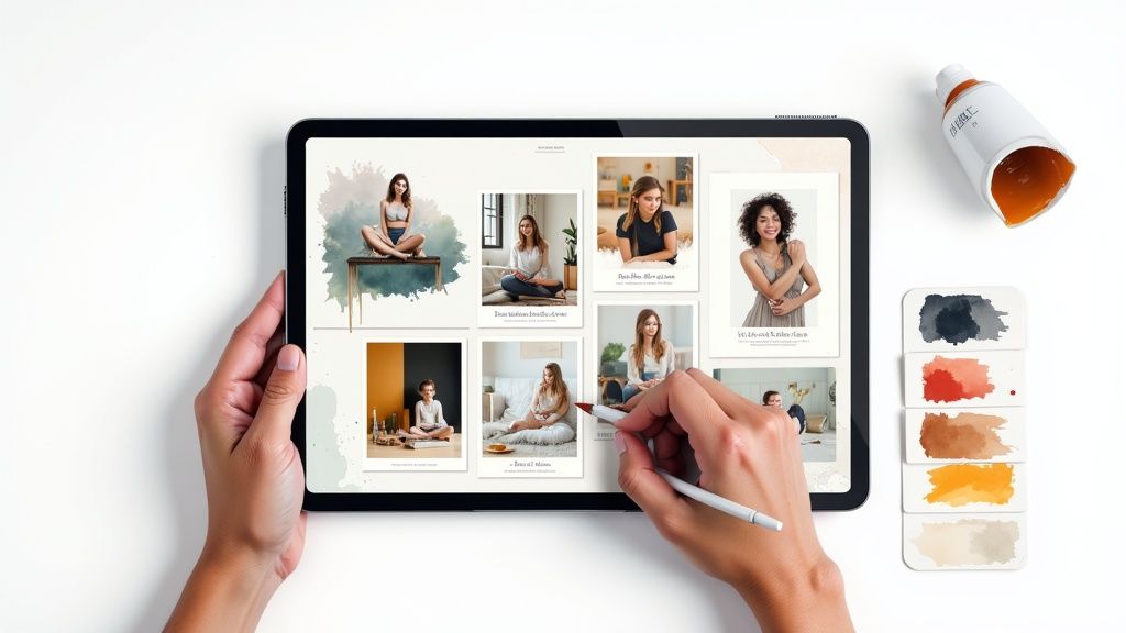 Hands interacting with a tablet displaying a photo grid, alongside art supplies and color palettes.