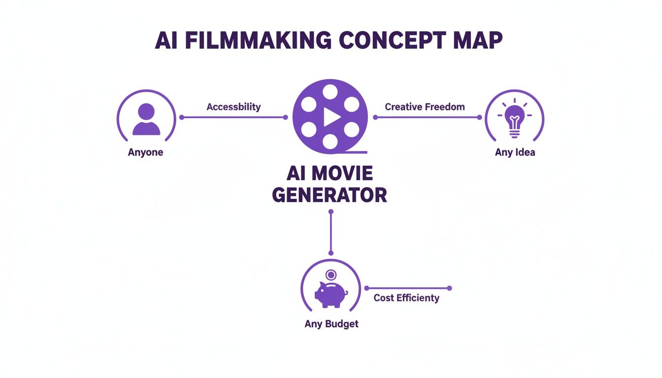 Un mapa conceptual de la cinematografía por IA que ilustra accesibilidad, libertad creativa y eficiencia de costos.