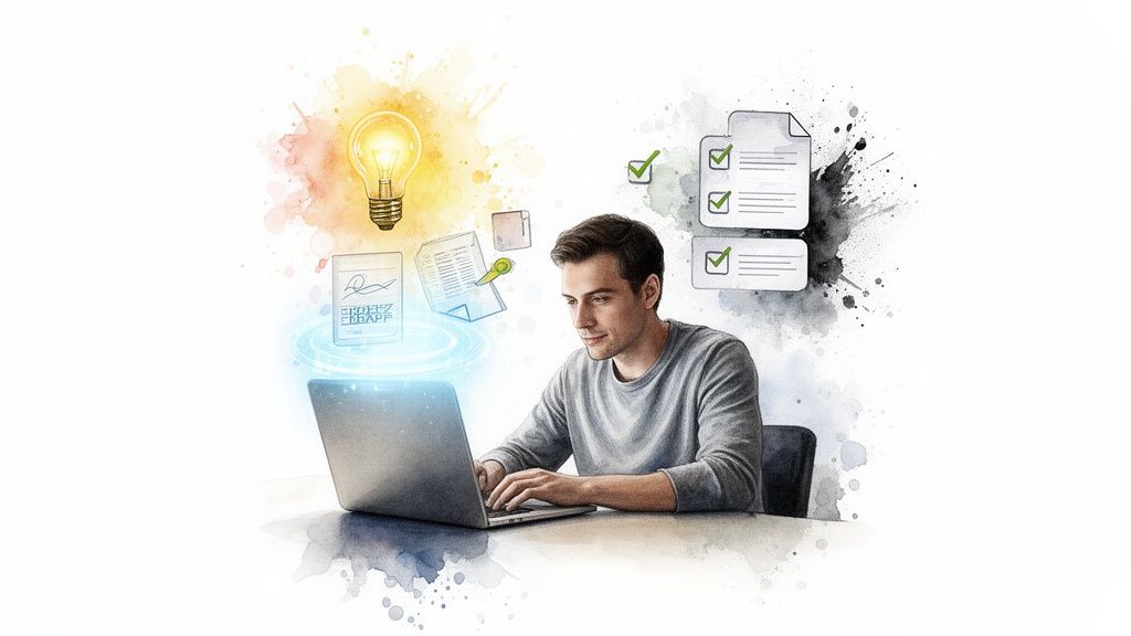 A man uses a laptop surrounded by floating digital documents, an idea lightbulb, and completed tasks in a watercolor style.