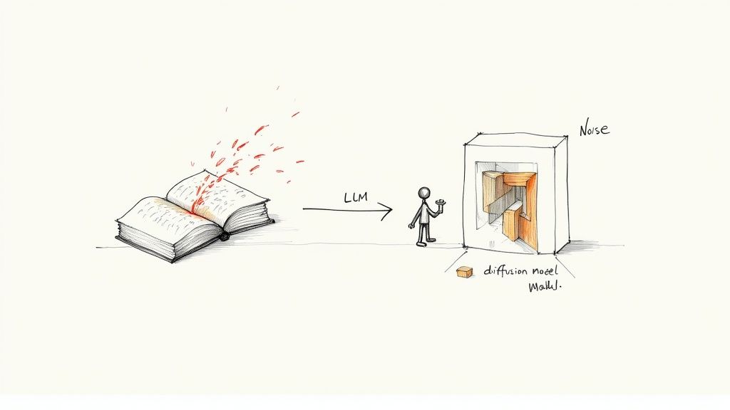 Illustration of an open book with ideas, an LLM, and a diffusion model creating from noise.