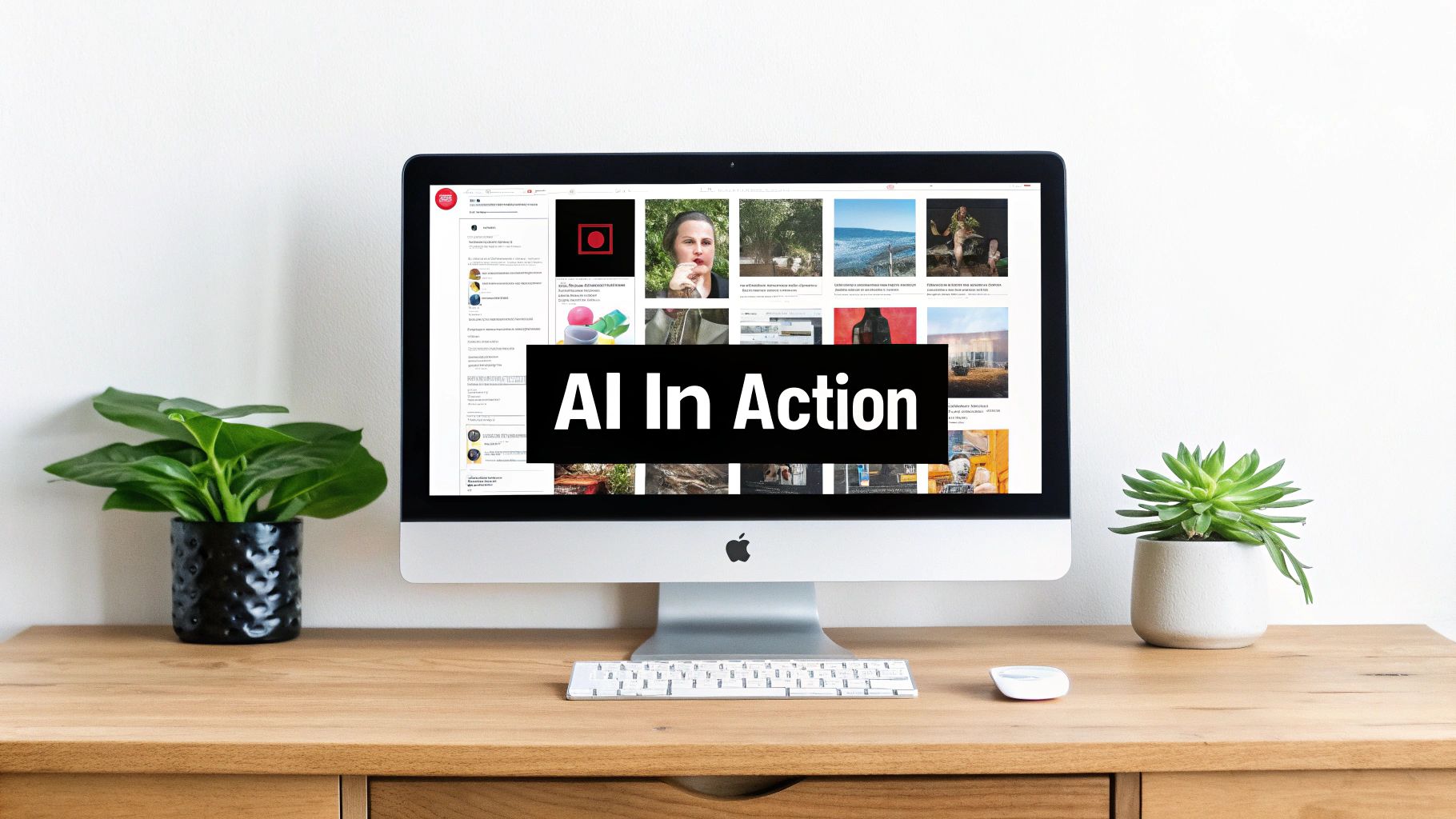 A modern iMac computer displaying 'AI In Action' on a web page, flanked by two potted plants on a wooden desk.