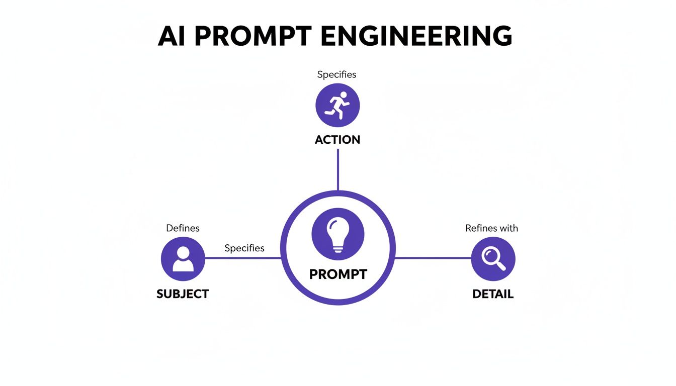 An AI Prompt Engineering diagram illustrating the relationship between prompt, subject, action, and detail.
