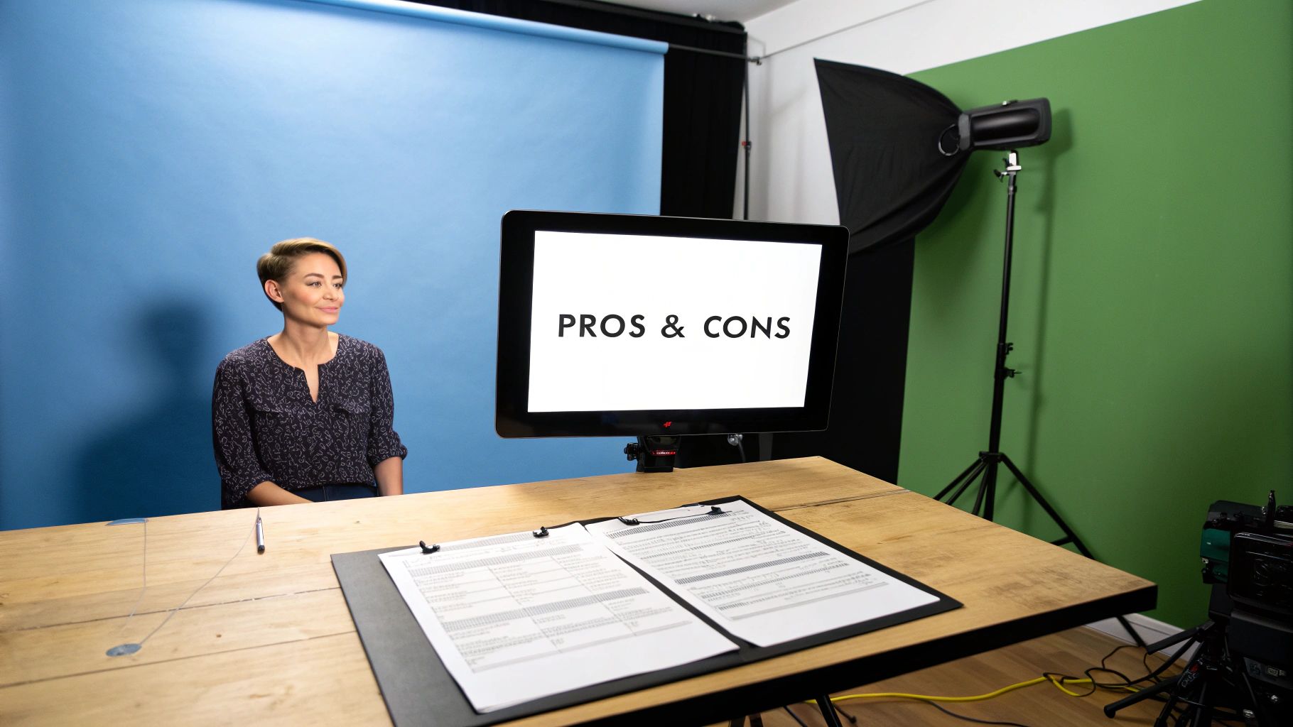 A woman sits at a wooden table in a studio with a blue backdrop, facing a monitor displaying 'PROS & CONS'.