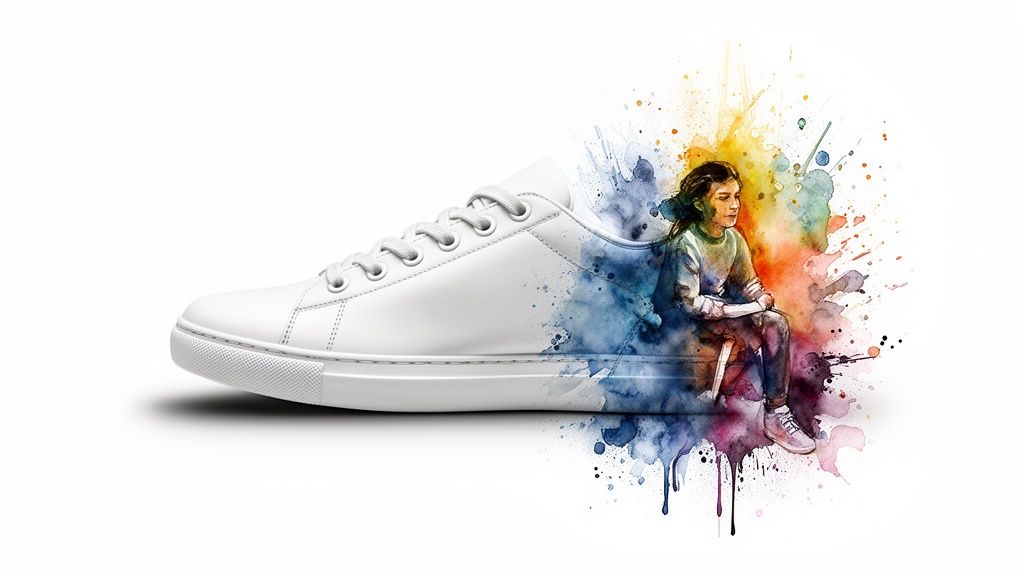 A white sneaker seamlessly transitions into a vibrant watercolor painting of a young girl sitting amidst colorful paint splatters.