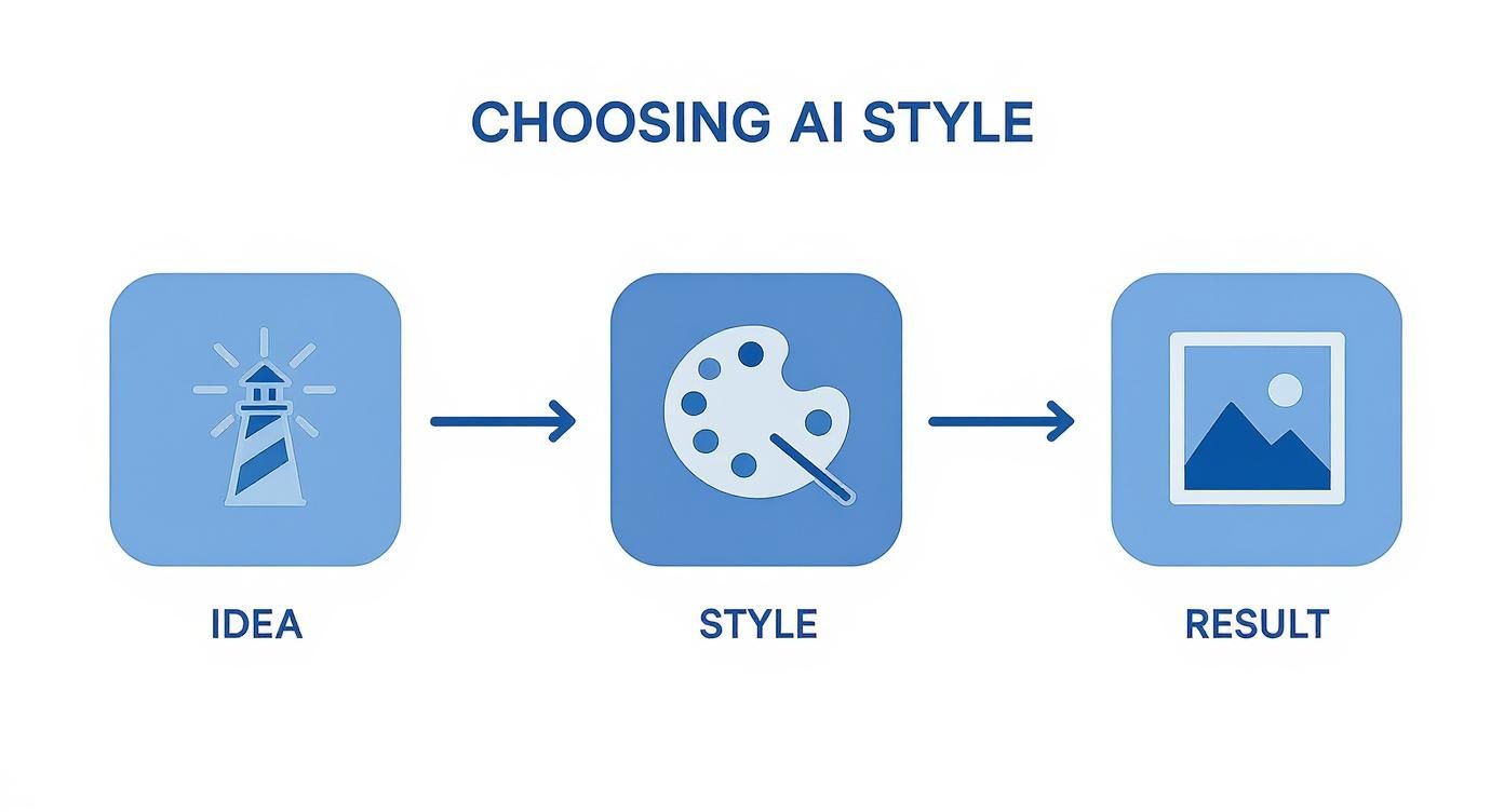 Diagram illustrating the process of choosing an AI style to generate an image from an idea.