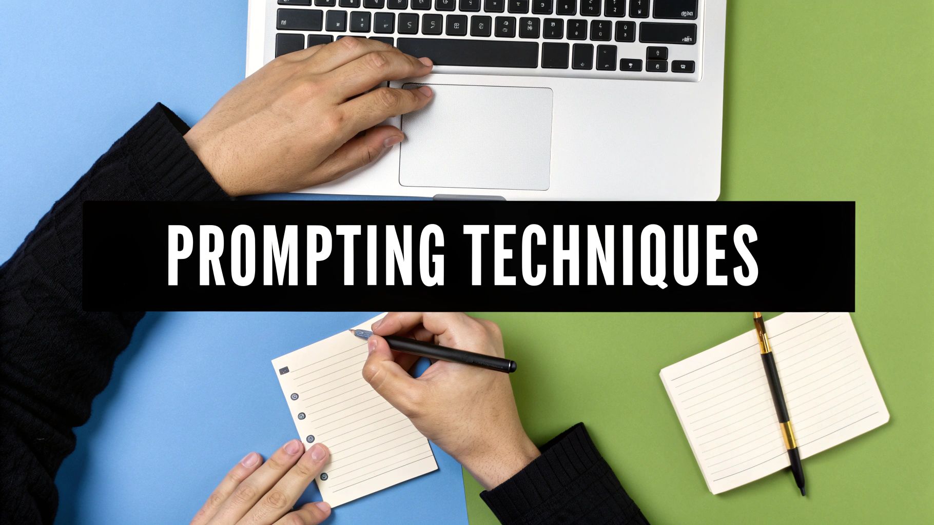 Una foto dall'alto di una postazione con mani che usano un laptop e scrivono su un quaderno, con il testo 'PROMPTING TECHNIQUES'.