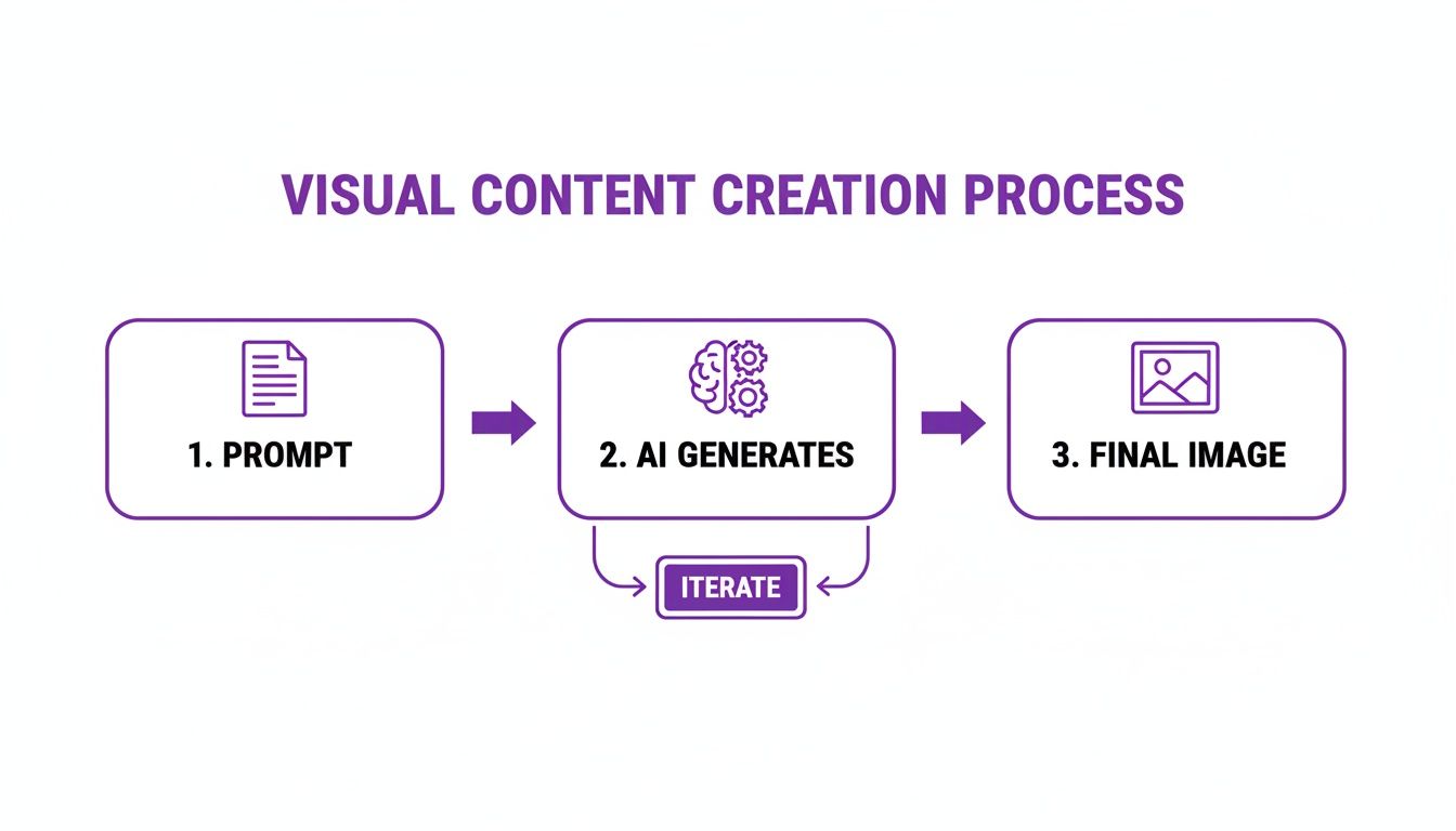 Flowchart illustrating the visual content creation process with AI, including prompt, AI generation, iteration, and final image.