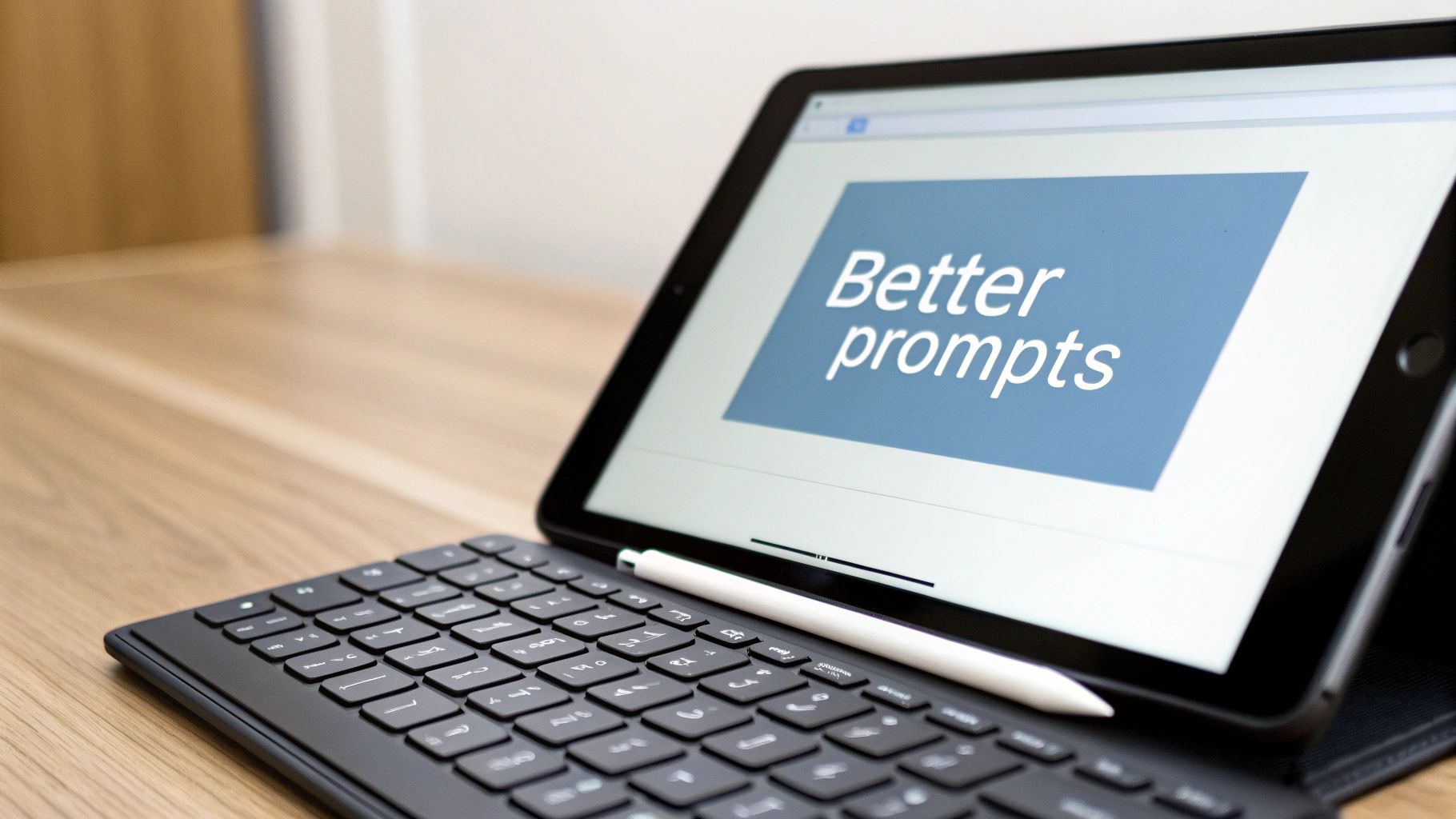A tablet with a keyboard and stylus displays 'Better prompts' on screen, sitting on a wooden desk.
