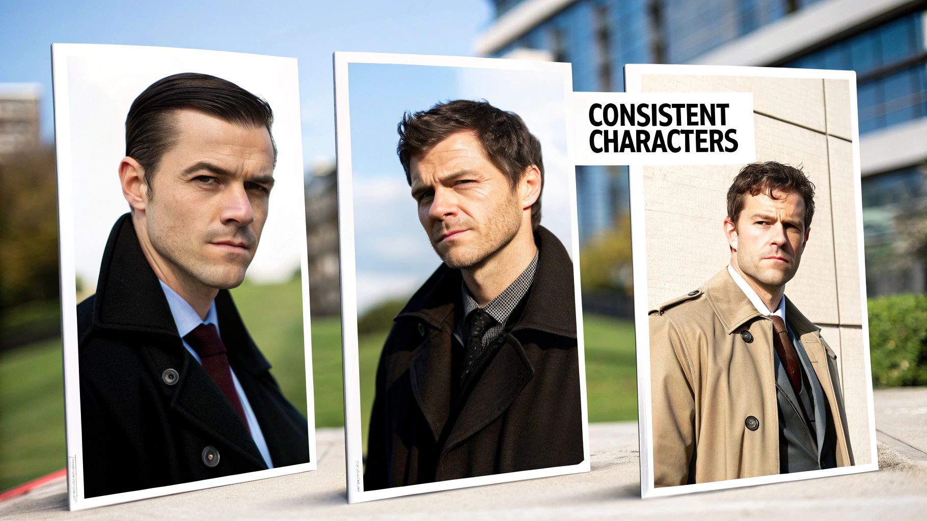 Three professional character portraits showing consistent male character in different outfits and hairstyles