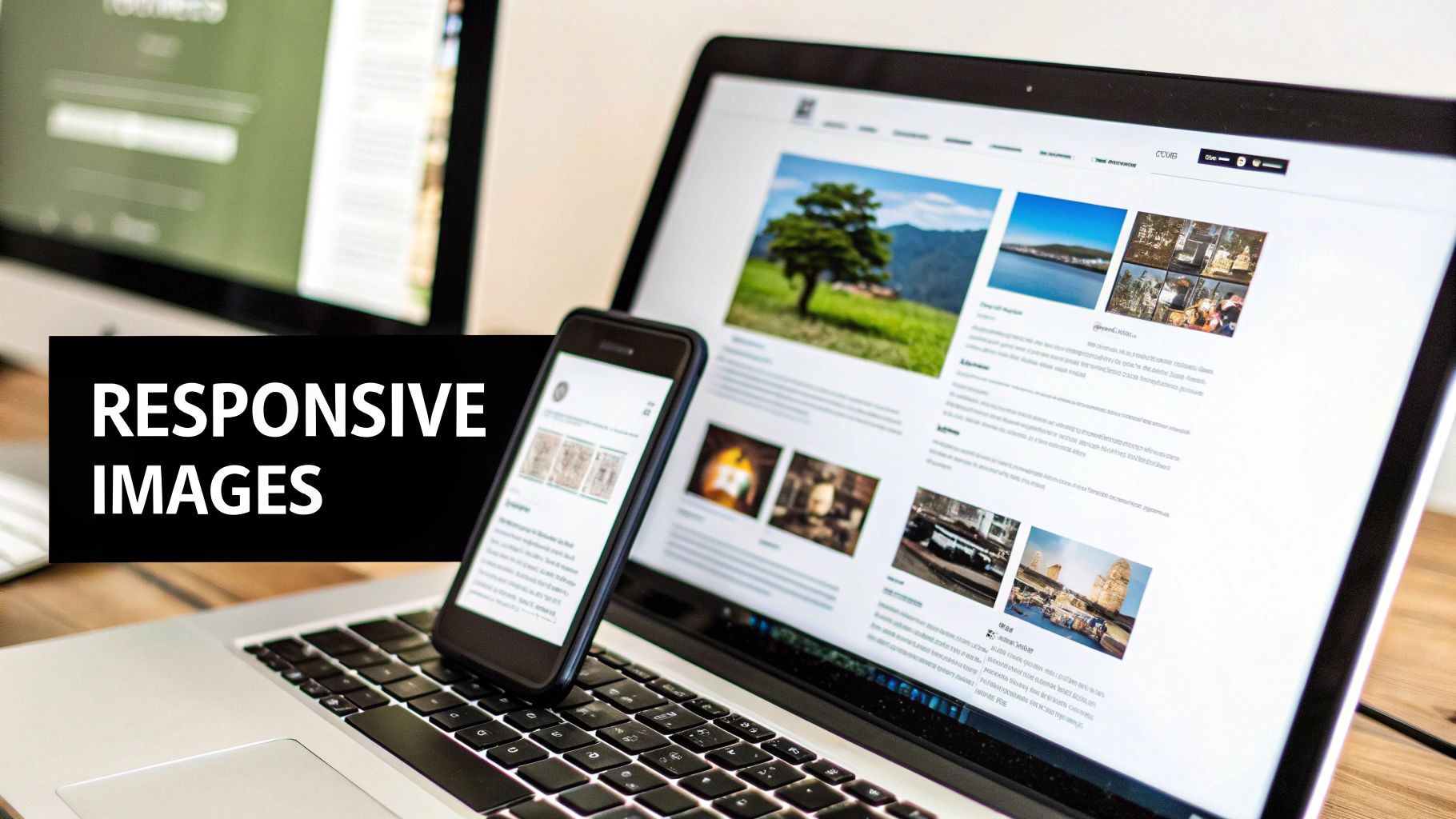 Responsive web design displaying website with images on laptop and mobile phone screens