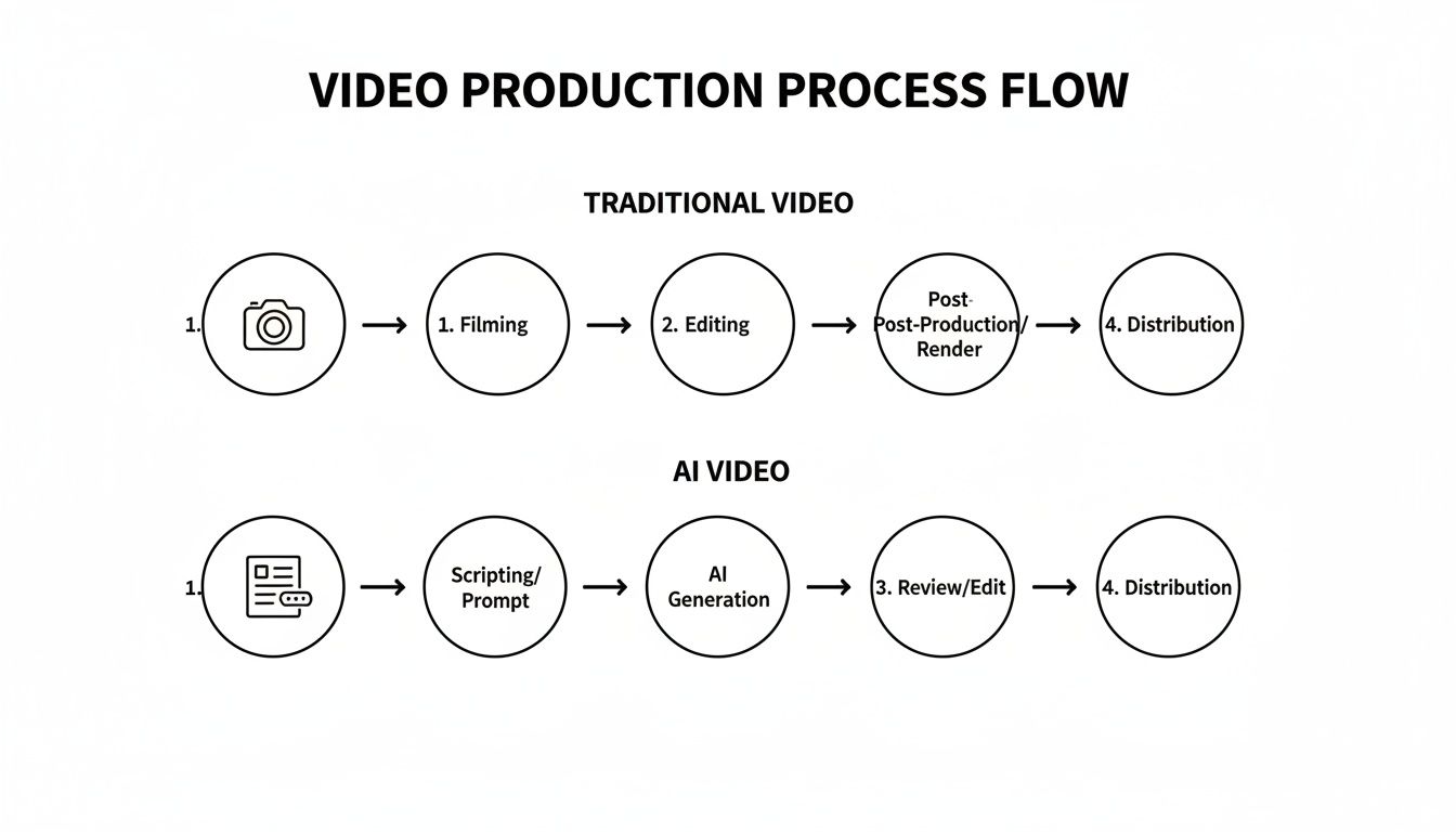 Flowchart comparing traditional video production steps with AI video generation process, from filming to distribution.