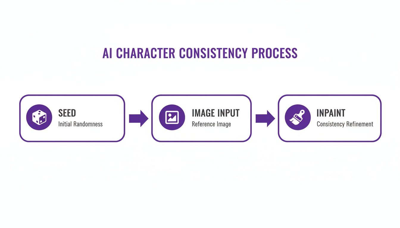 A flowchart detailing the AI character consistency process, including Seed, Image Input, and Inpaint stages.