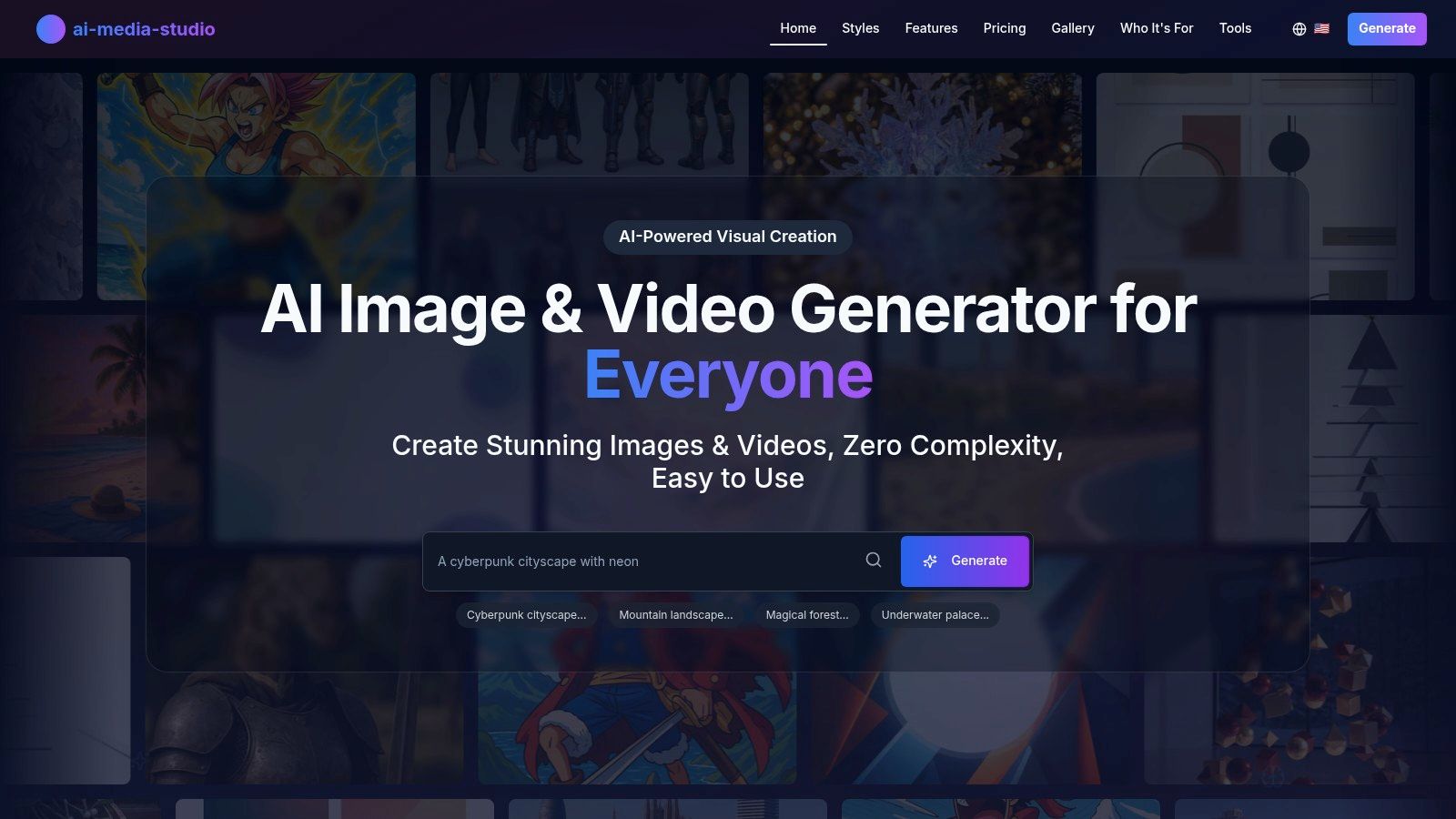 A screenshot of the AI Media Studio interface showing a text prompt and generated images of an astronaut in space.