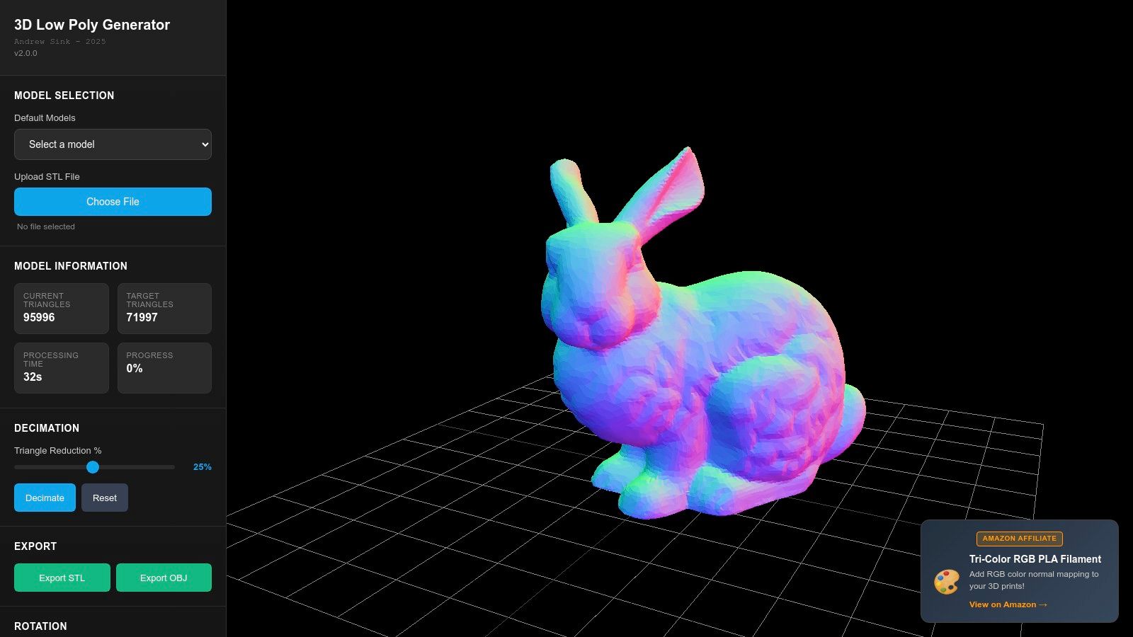 LowPoly3D (Andrew Sink) – Browser STL Low‑Poly Generator