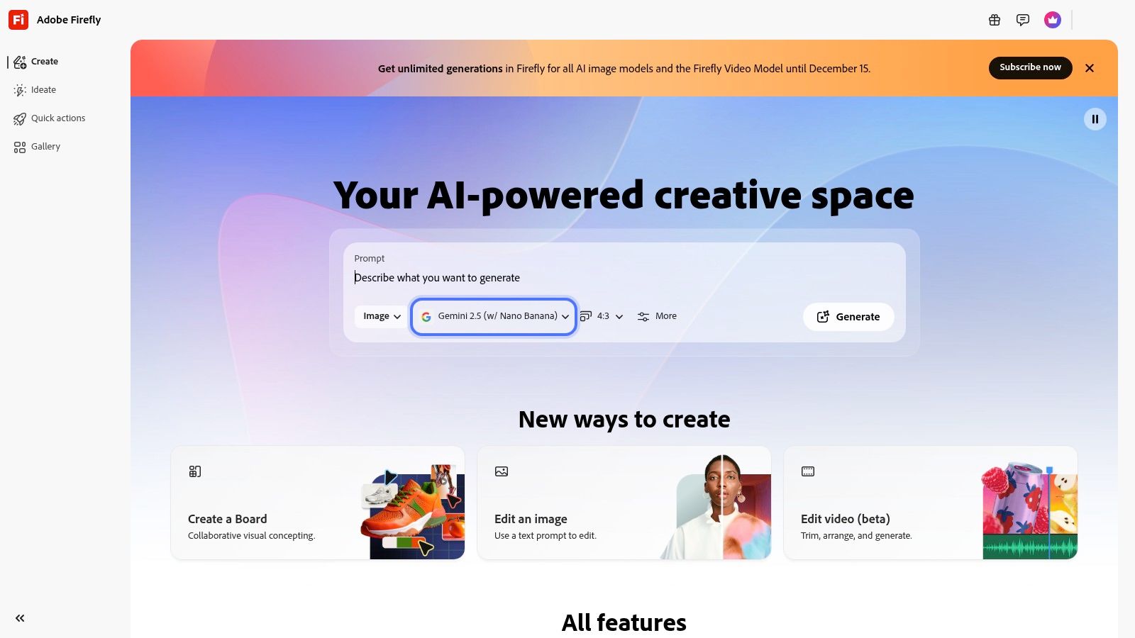 La interfaz de relleno generativo de Adobe Firefly mostrando una imagen siendo editada con un aviso de texto.