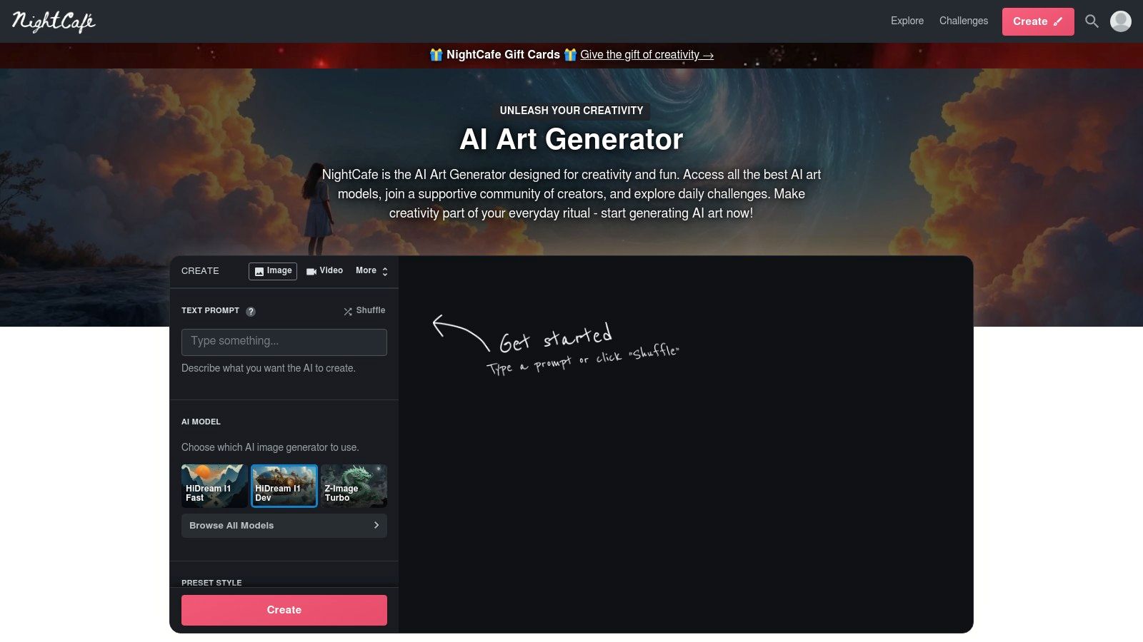 NightCafe Studio interface showing creation options and a gallery.