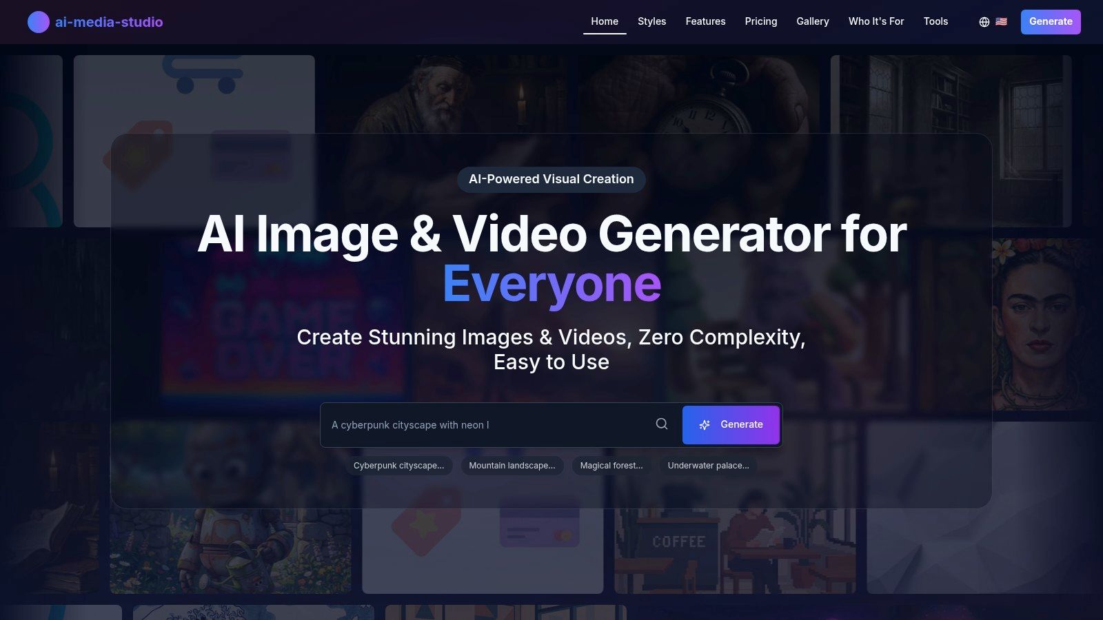 A user interface screenshot of AI Media Studio showcasing its AI image and video generation capabilities.