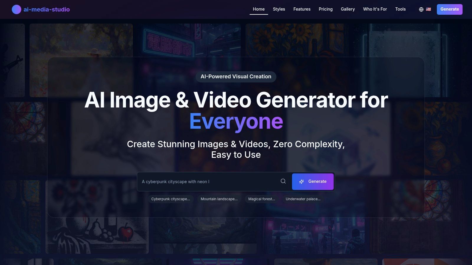 AI Media Studio interface showing a text prompt and generated images