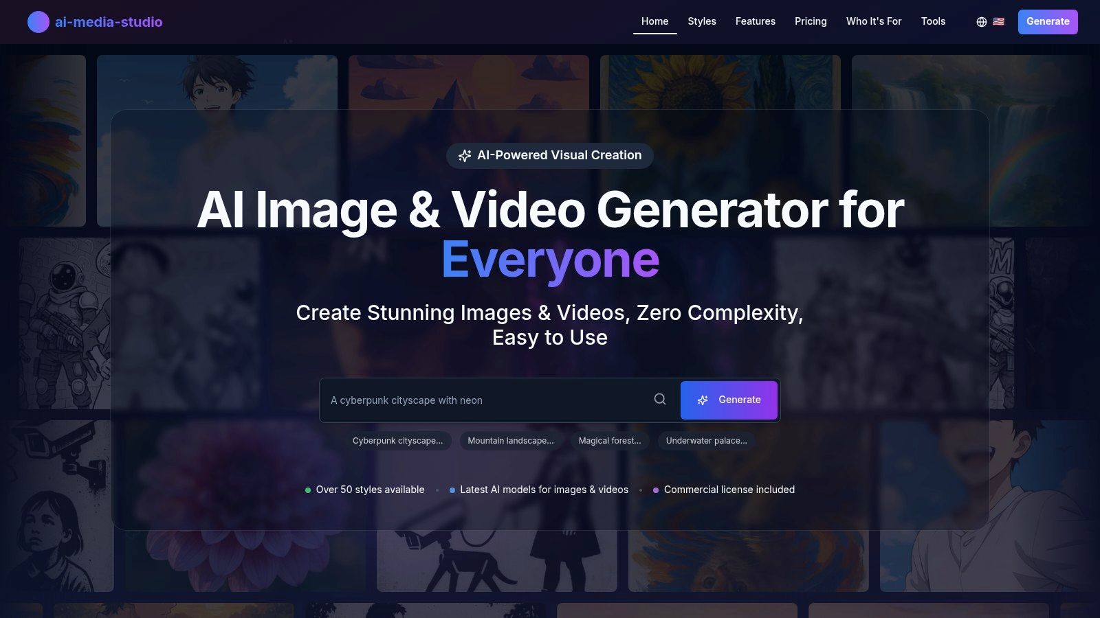 A screenshot of the AI Media Studio interface showcasing its text-to-image generation capabilities with a prompt and a generated photorealistic image of a futuristic city.