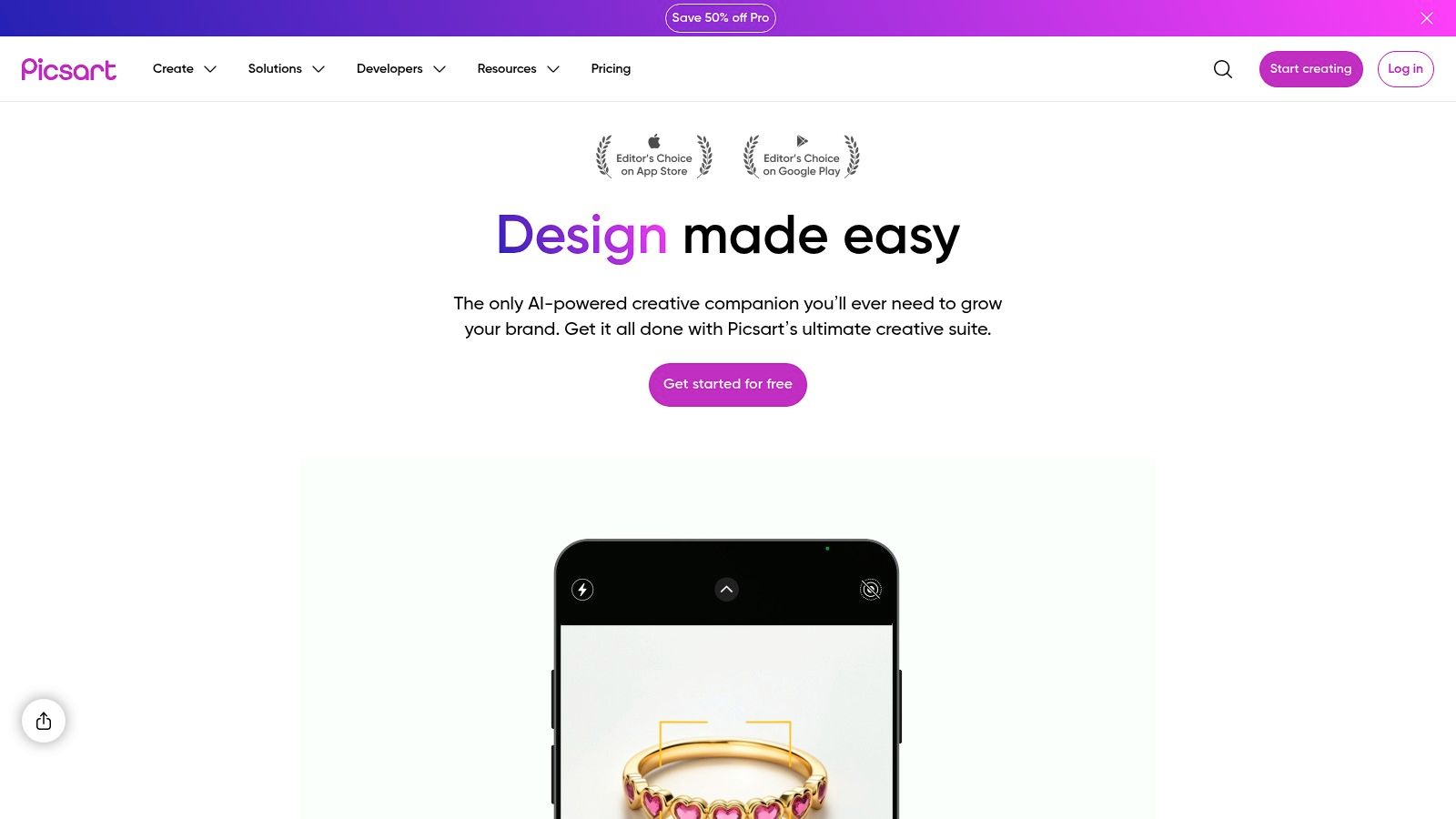 La interfaz del editor de imágenes AI de Picsart mostrando varias herramientas de edición y generación.
