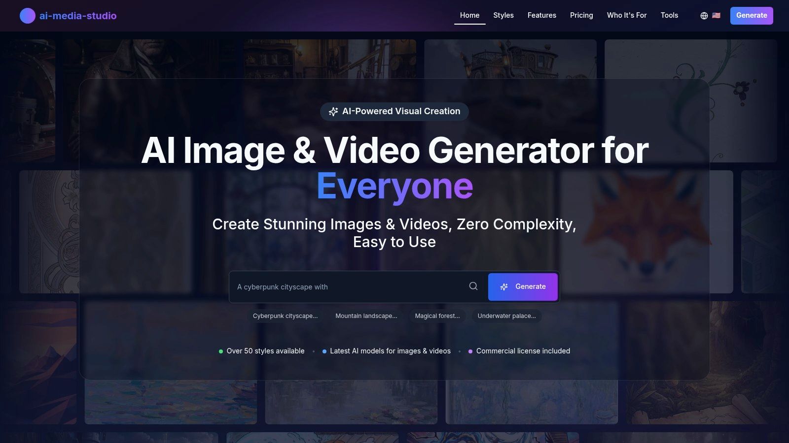 Una interfaz que muestra un generador de imágenes AI con un aviso de texto y opciones de selección de estilo, demostrando la facilidad de crear visuales con AI Media Studio.