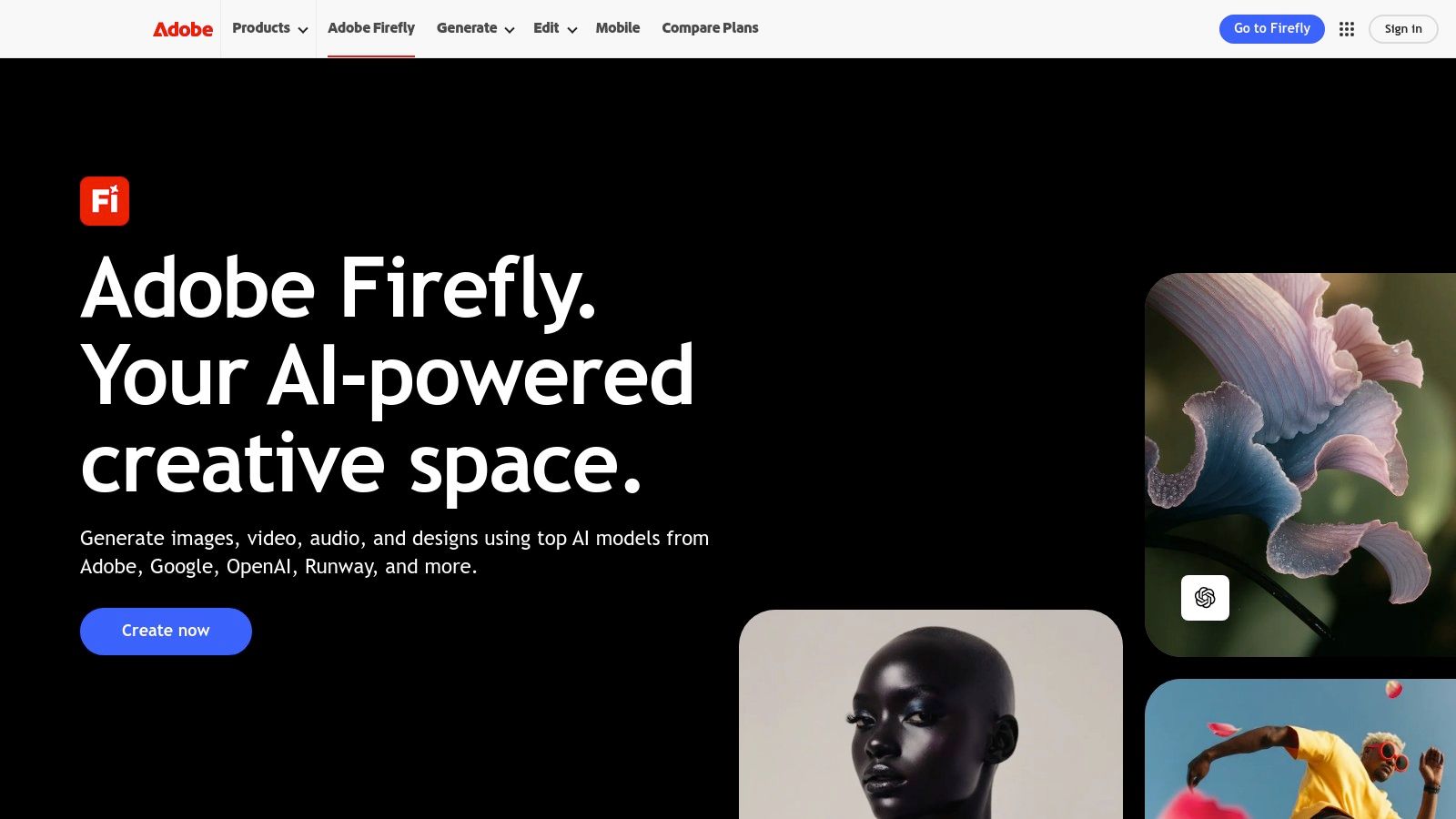 Adobe Firefly interface showing text-to-image generation capabilities.