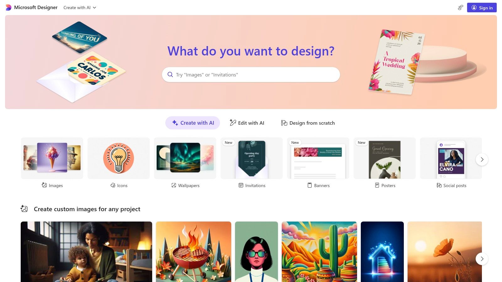 The Microsoft Designer interface showing a prompt and resulting AI-generated images.