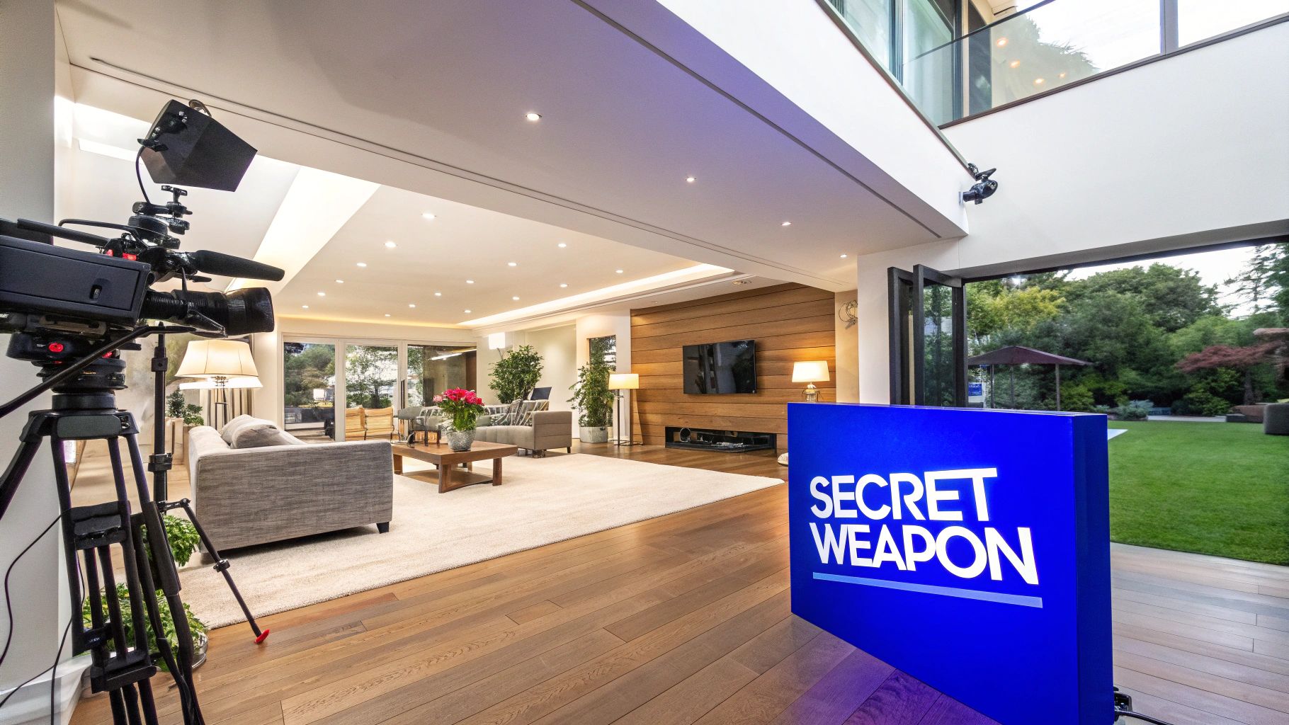 A professionally photographed modern living room with bright, natural light.