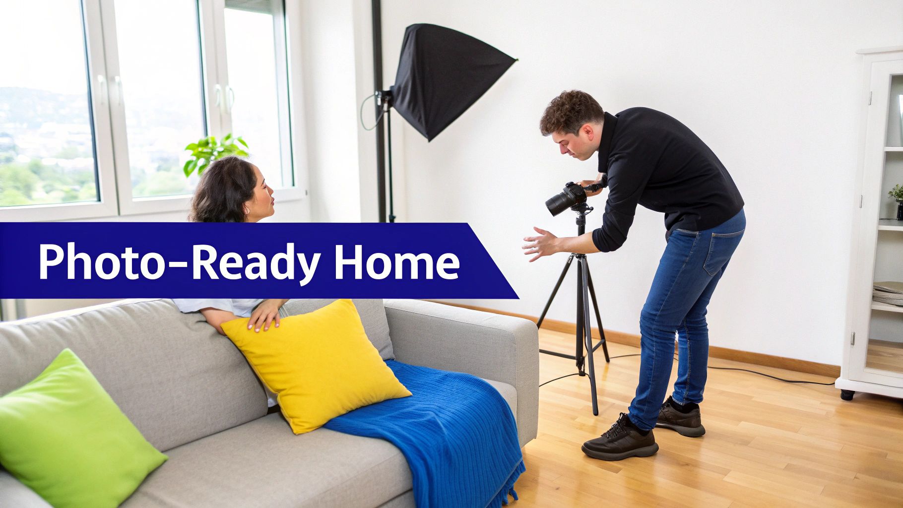 A beautifully staged living room ready for a real estate photoshoot, with clean surfaces and abundant natural light.
