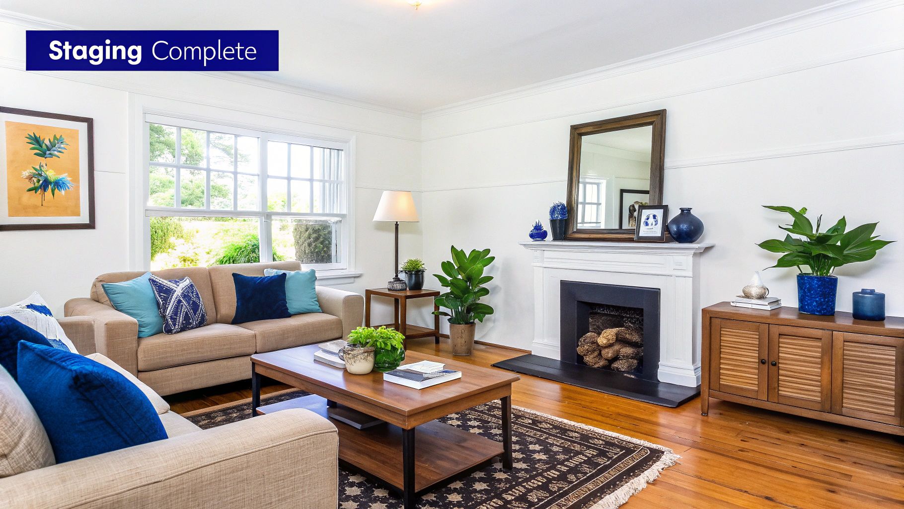 A clean, decluttered living room ready for a real estate photoshoot in Orlando.