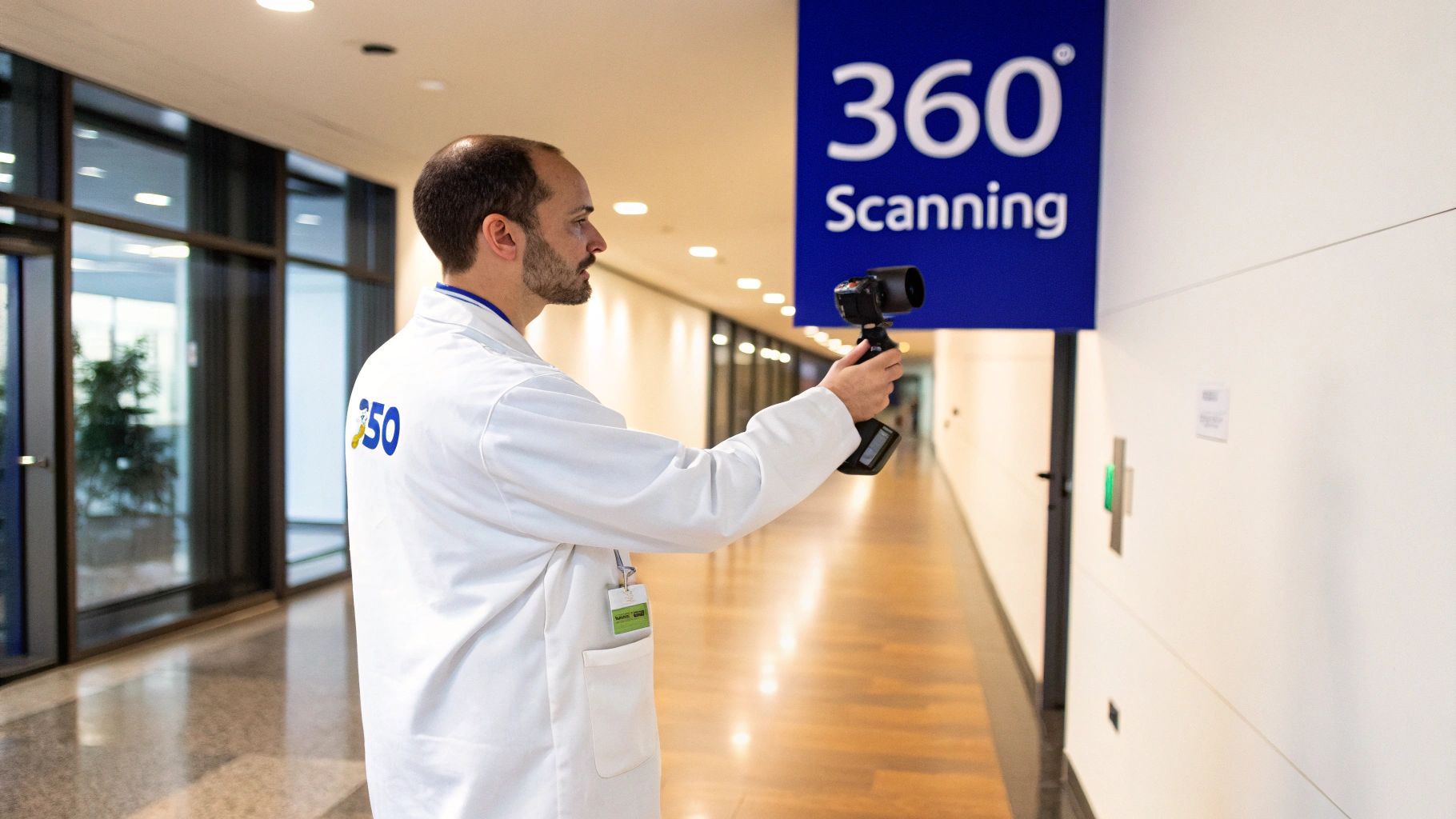 A professional technician scanning a modern kitchen with a Matterport camera to create a 3D tour.