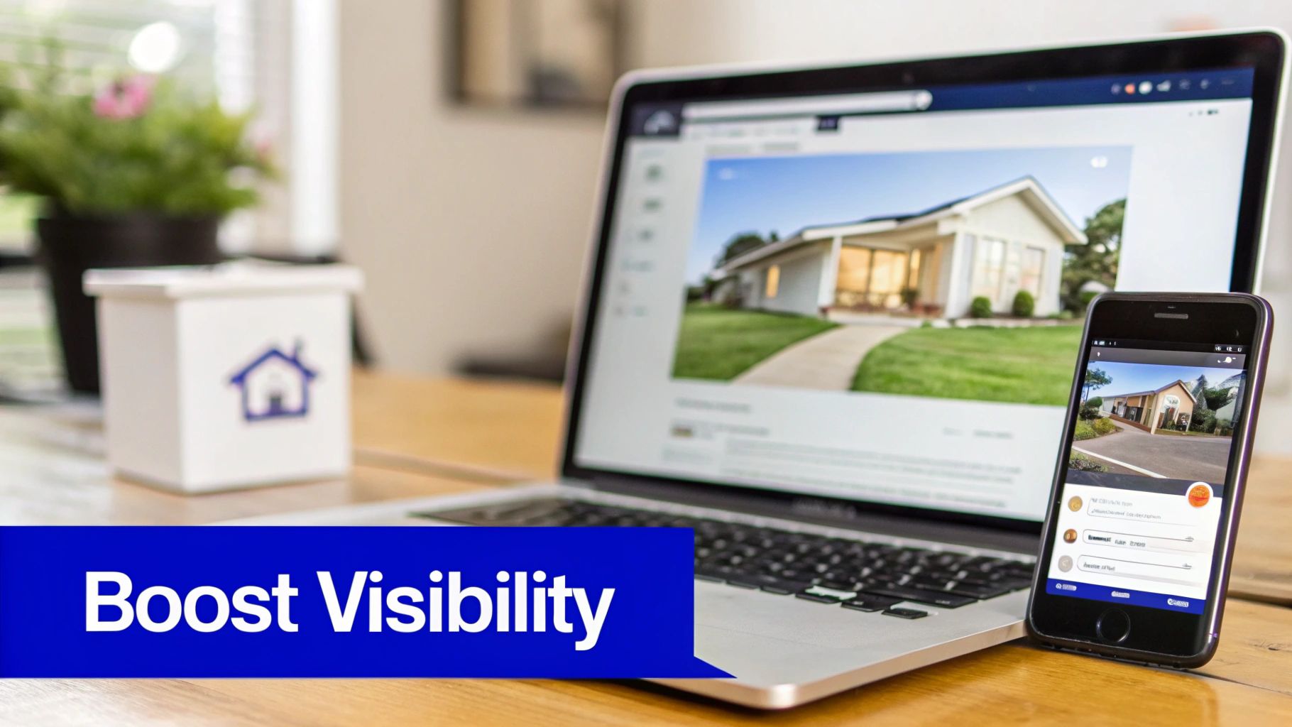 A Guide to Winning with Real Estate Video Marketing 5 A laptop and smartphone display real estate listings, promoting property visibility and sales.