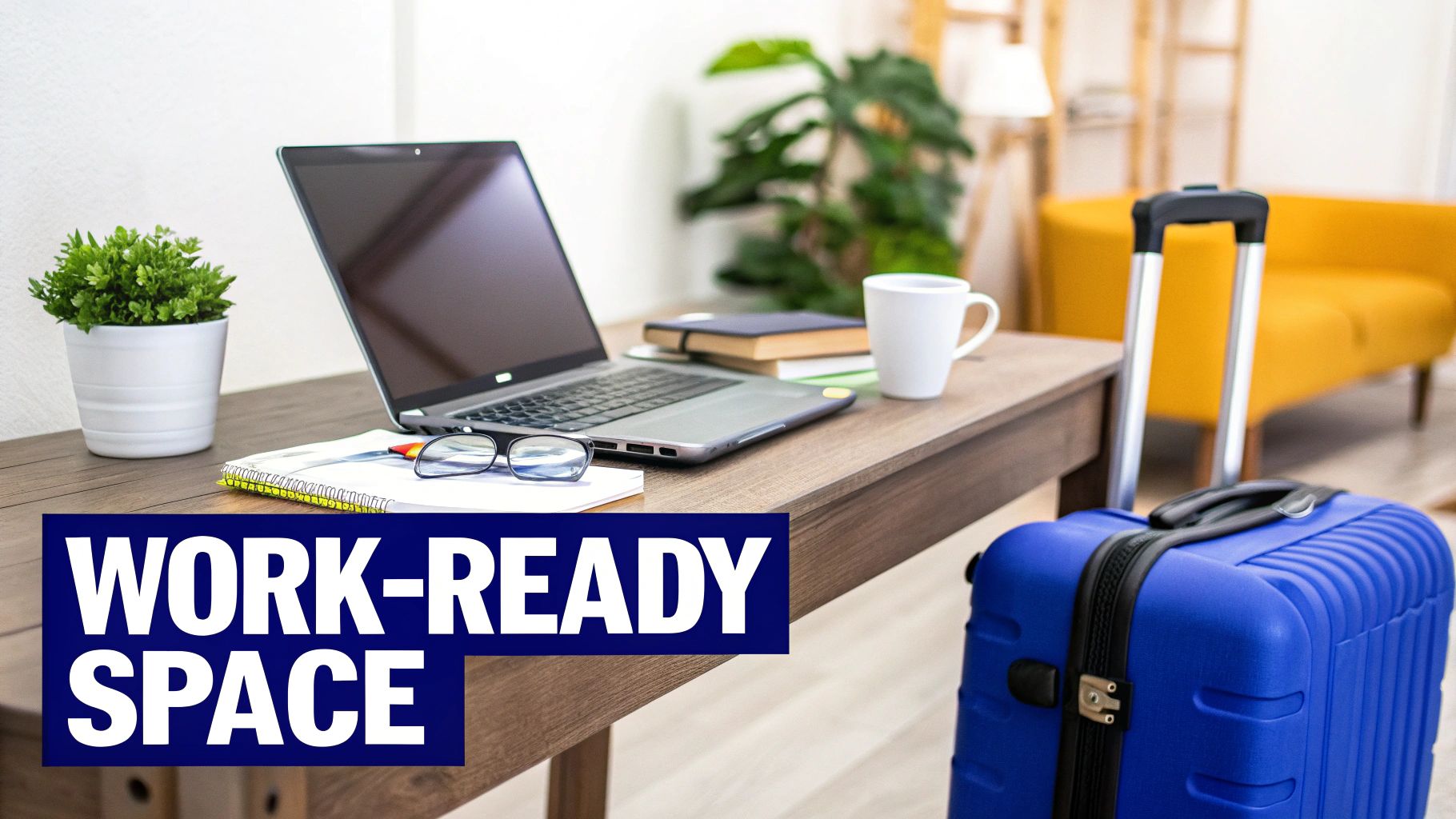 A neatly arranged desk with a laptop, books, and coffee, next to a blue suitcase in a work-ready space.