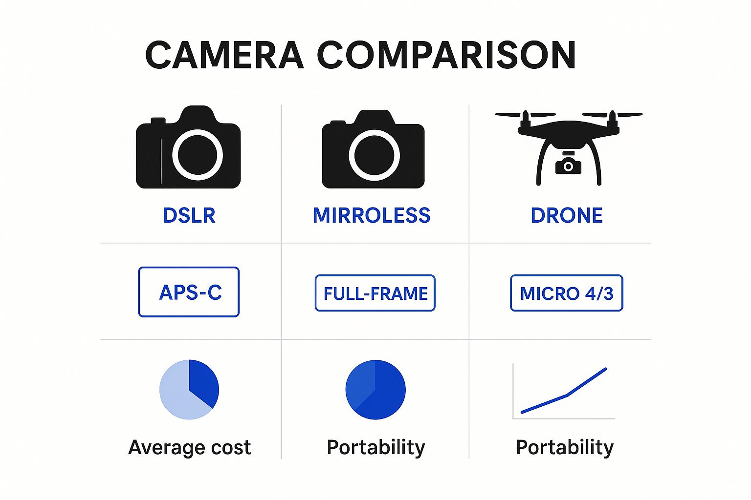 Infographic comparing DSLR, Mirrorless, and Drone cameras for real estate photography